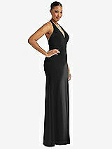 Side View Thumbnail - Black Plunge Neck Halter Backless Trumpet Gown with Front Slit