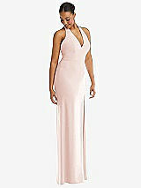 Alt View 1 Thumbnail - Blush Plunge Neck Halter Backless Trumpet Gown with Front Slit