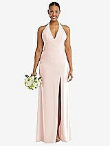 Alt View 2 Thumbnail - Blush Plunge Neck Halter Backless Trumpet Gown with Front Slit