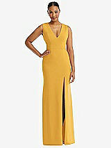 Front View Thumbnail - NYC Yellow Deep V-Neck Closed Back Crepe Trumpet Gown with Front Slit
