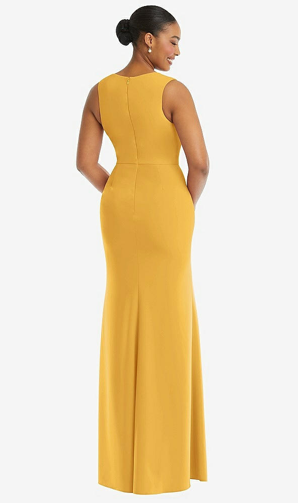 Back View - NYC Yellow Deep V-Neck Closed Back Crepe Trumpet Gown with Front Slit