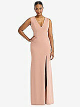 Front View Thumbnail - Pale Peach Deep V-Neck Closed Back Crepe Trumpet Gown with Front Slit
