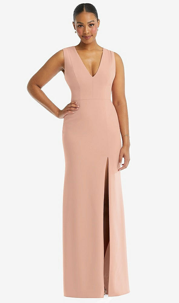 Front View - Pale Peach Deep V-Neck Closed Back Crepe Trumpet Gown with Front Slit