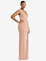 Side View Thumbnail - Pale Peach Deep V-Neck Closed Back Crepe Trumpet Gown with Front Slit