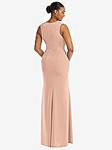 Rear View Thumbnail - Pale Peach Deep V-Neck Closed Back Crepe Trumpet Gown with Front Slit