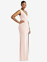 Side View Thumbnail - Blush Deep V-Neck Closed Back Crepe Trumpet Gown with Front Slit