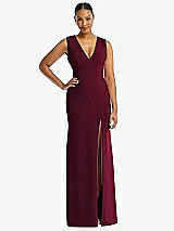 Front View Thumbnail - Cabernet Deep V-Neck Closed Back Crepe Trumpet Gown with Front Slit