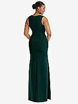 Rear View Thumbnail - Evergreen Deep V-Neck Closed Back Crepe Trumpet Gown with Front Slit