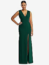 Front View Thumbnail - Hunter Green Deep V-Neck Closed Back Crepe Trumpet Gown with Front Slit