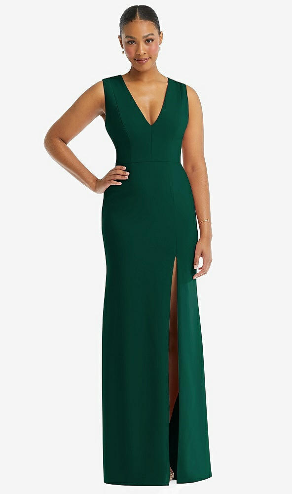 Front View - Hunter Green Deep V-Neck Closed Back Crepe Trumpet Gown with Front Slit