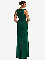 Rear View Thumbnail - Hunter Green Deep V-Neck Closed Back Crepe Trumpet Gown with Front Slit