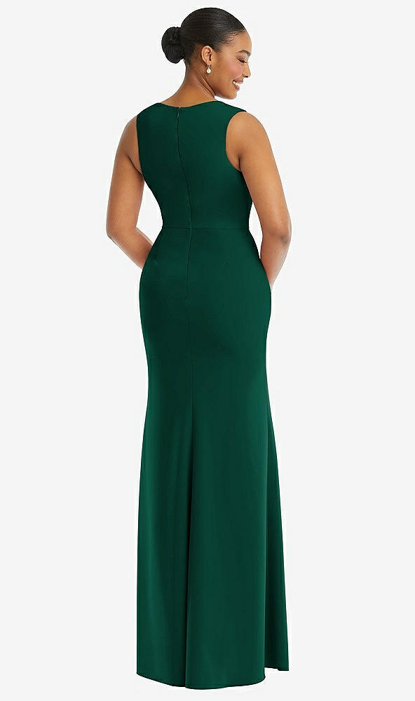 Back View - Hunter Green Deep V-Neck Closed Back Crepe Trumpet Gown with Front Slit