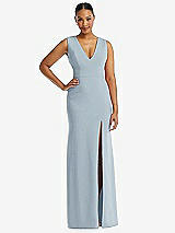 Front View Thumbnail - Mist Deep V-Neck Closed Back Crepe Trumpet Gown with Front Slit