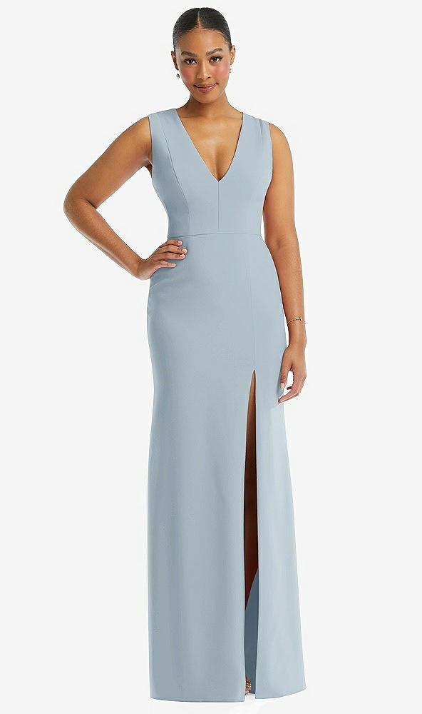 Front View - Mist Deep V-Neck Closed Back Crepe Trumpet Gown with Front Slit