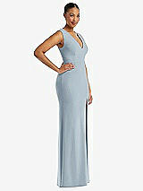Side View Thumbnail - Mist Deep V-Neck Closed Back Crepe Trumpet Gown with Front Slit