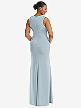Rear View Thumbnail - Mist Deep V-Neck Closed Back Crepe Trumpet Gown with Front Slit