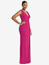 Side View Thumbnail - Think Pink Deep V-Neck Closed Back Crepe Trumpet Gown with Front Slit
