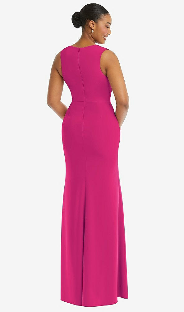 Back View - Think Pink Deep V-Neck Closed Back Crepe Trumpet Gown with Front Slit