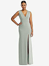 Front View Thumbnail - Willow Green Deep V-Neck Closed Back Crepe Trumpet Gown with Front Slit