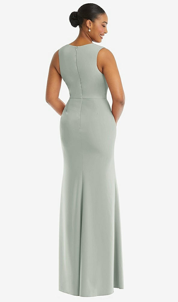 Back View - Willow Green Deep V-Neck Closed Back Crepe Trumpet Gown with Front Slit