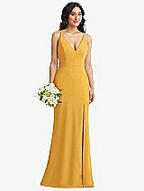 Alt View 1 Thumbnail - NYC Yellow Skinny Strap Deep V-Neck Crepe Trumpet Gown with Front Slit