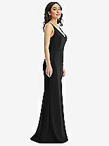 Side View Thumbnail - Black Skinny Strap Deep V-Neck Crepe Trumpet Gown with Front Slit