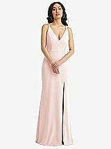 Front View Thumbnail - Blush Skinny Strap Deep V-Neck Crepe Trumpet Gown with Front Slit