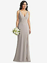 Alt View 1 Thumbnail - Taupe Skinny Strap Deep V-Neck Crepe Trumpet Gown with Front Slit