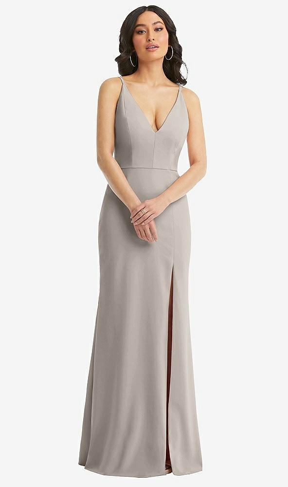 Front View - Taupe Skinny Strap Deep V-Neck Crepe Trumpet Gown with Front Slit