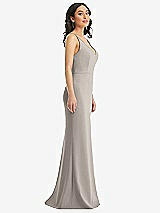 Side View Thumbnail - Taupe Skinny Strap Deep V-Neck Crepe Trumpet Gown with Front Slit