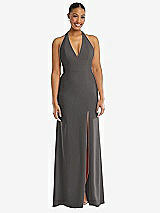 Front View Thumbnail - Caviar Gray Plunge Neck Halter Backless Trumpet Gown with Front Slit