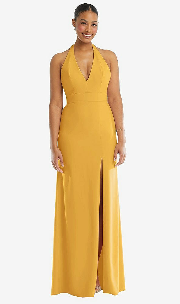 Front View - NYC Yellow Plunge Neck Halter Backless Trumpet Gown with Front Slit