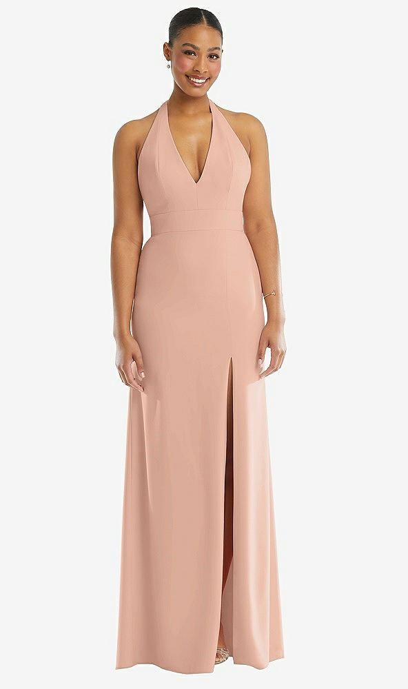Front View - Pale Peach Plunge Neck Halter Backless Trumpet Gown with Front Slit