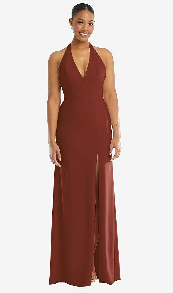 Front View - Auburn Moon Plunge Neck Halter Backless Trumpet Gown with Front Slit