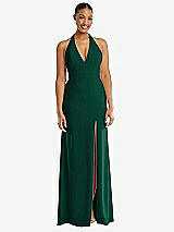 Front View Thumbnail - Hunter Green Plunge Neck Halter Backless Trumpet Gown with Front Slit