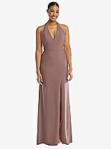 Front View Thumbnail - Sienna Plunge Neck Halter Backless Trumpet Gown with Front Slit