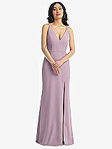 Front View Thumbnail - Suede Rose Skinny Strap Deep V-Neck Crepe Trumpet Gown with Front Slit