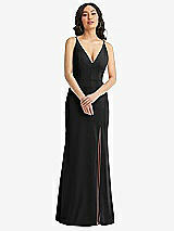 Front View Thumbnail - Black Skinny Strap Deep V-Neck Crepe Trumpet Gown with Front Slit