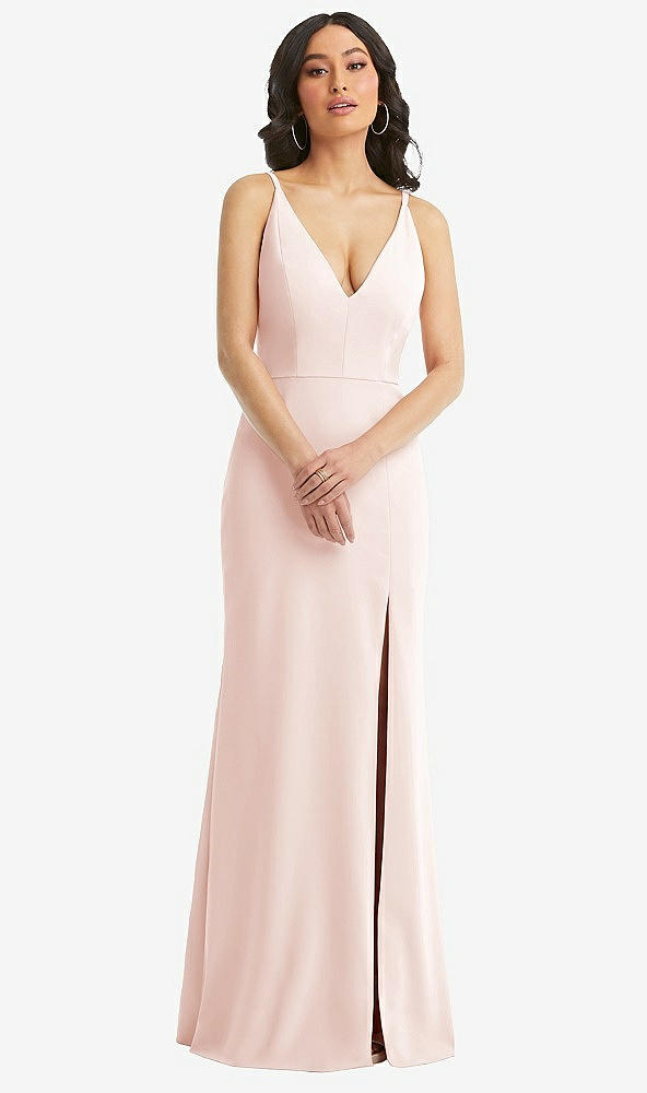 Front View - Blush Skinny Strap Deep V-Neck Crepe Trumpet Gown with Front Slit