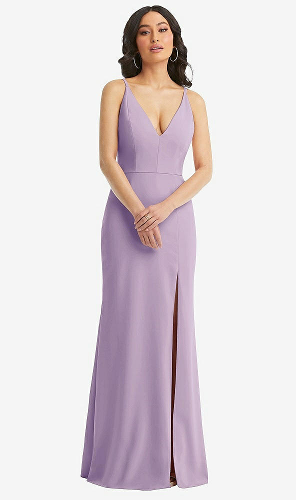 Front View - Pale Purple Skinny Strap Deep V-Neck Crepe Trumpet Gown with Front Slit