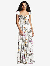 Front View Thumbnail - Butterfly Botanica Ivory Shirred Cross Bodice Lace Up Open-Back Maxi Dress with Flutter Sleeves