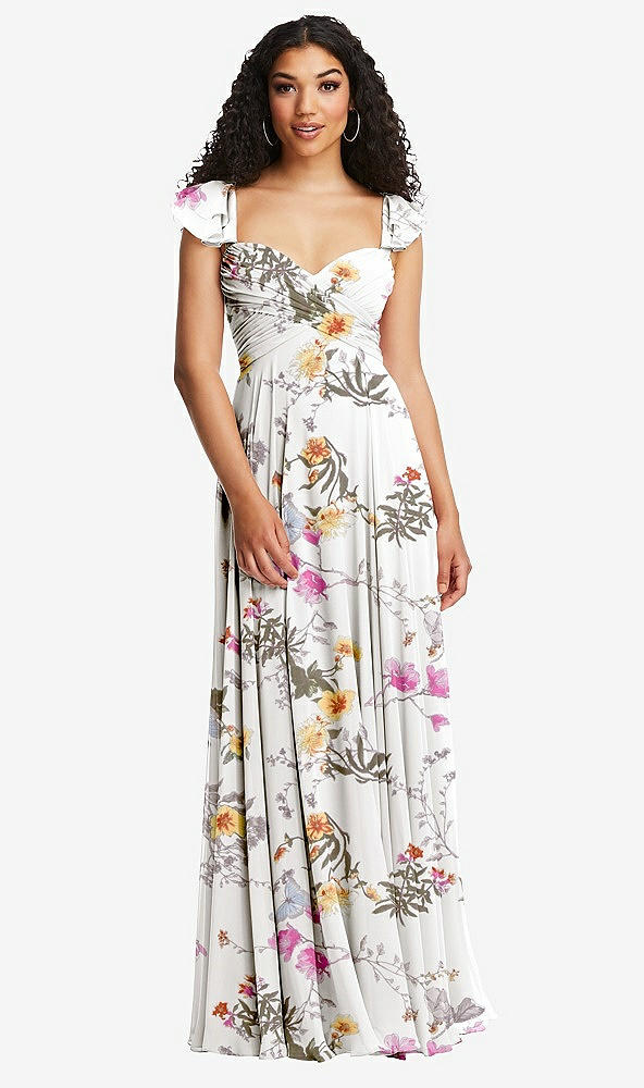 Front View - Butterfly Botanica Ivory Shirred Cross Bodice Lace Up Open-Back Maxi Dress with Flutter Sleeves