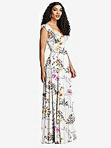 Side View Thumbnail - Butterfly Botanica Ivory Shirred Cross Bodice Lace Up Open-Back Maxi Dress with Flutter Sleeves