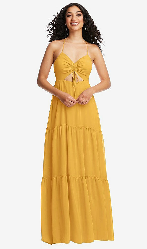 Front View - NYC Yellow Drawstring Bodice Gathered Tie Open-Back Maxi Dress with Tiered Skirt