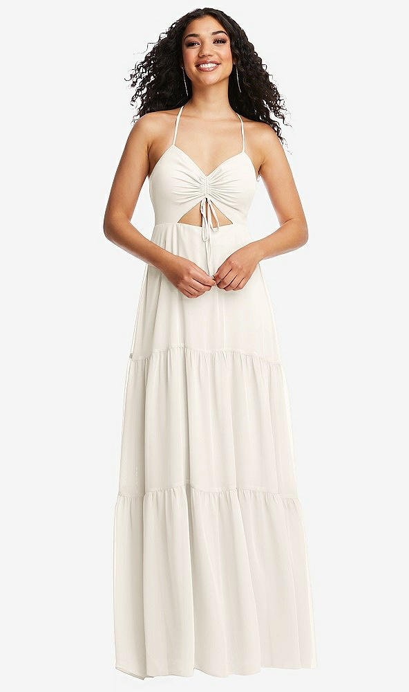 Front View - Ivory Drawstring Bodice Gathered Tie Open-Back Maxi Dress with Tiered Skirt