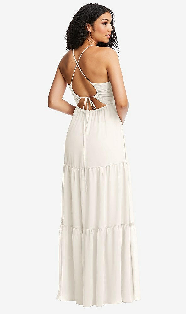 Back View - Ivory Drawstring Bodice Gathered Tie Open-Back Maxi Dress with Tiered Skirt