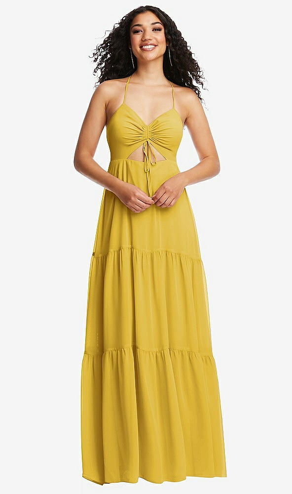 Front View - Marigold Drawstring Bodice Gathered Tie Open-Back Maxi Dress with Tiered Skirt
