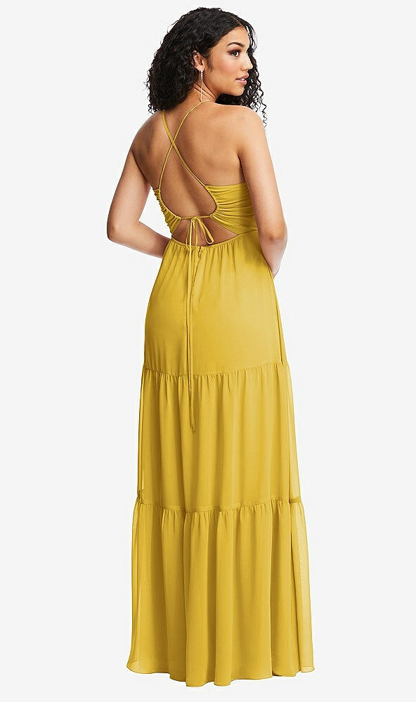 Back View - Marigold Drawstring Bodice Gathered Tie Open-Back Maxi Dress with Tiered Skirt
