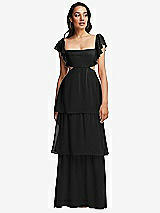 Front View Thumbnail - Black Flutter Sleeve Cutout Tie-Back Maxi Dress with Tiered Ruffle Skirt