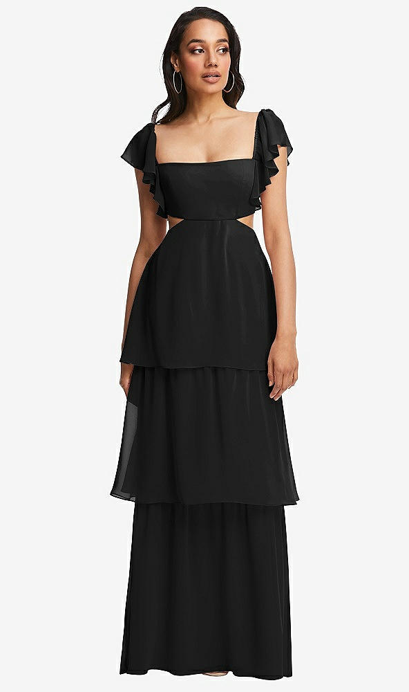 Front View - Black Flutter Sleeve Cutout Tie-Back Maxi Dress with Tiered Ruffle Skirt